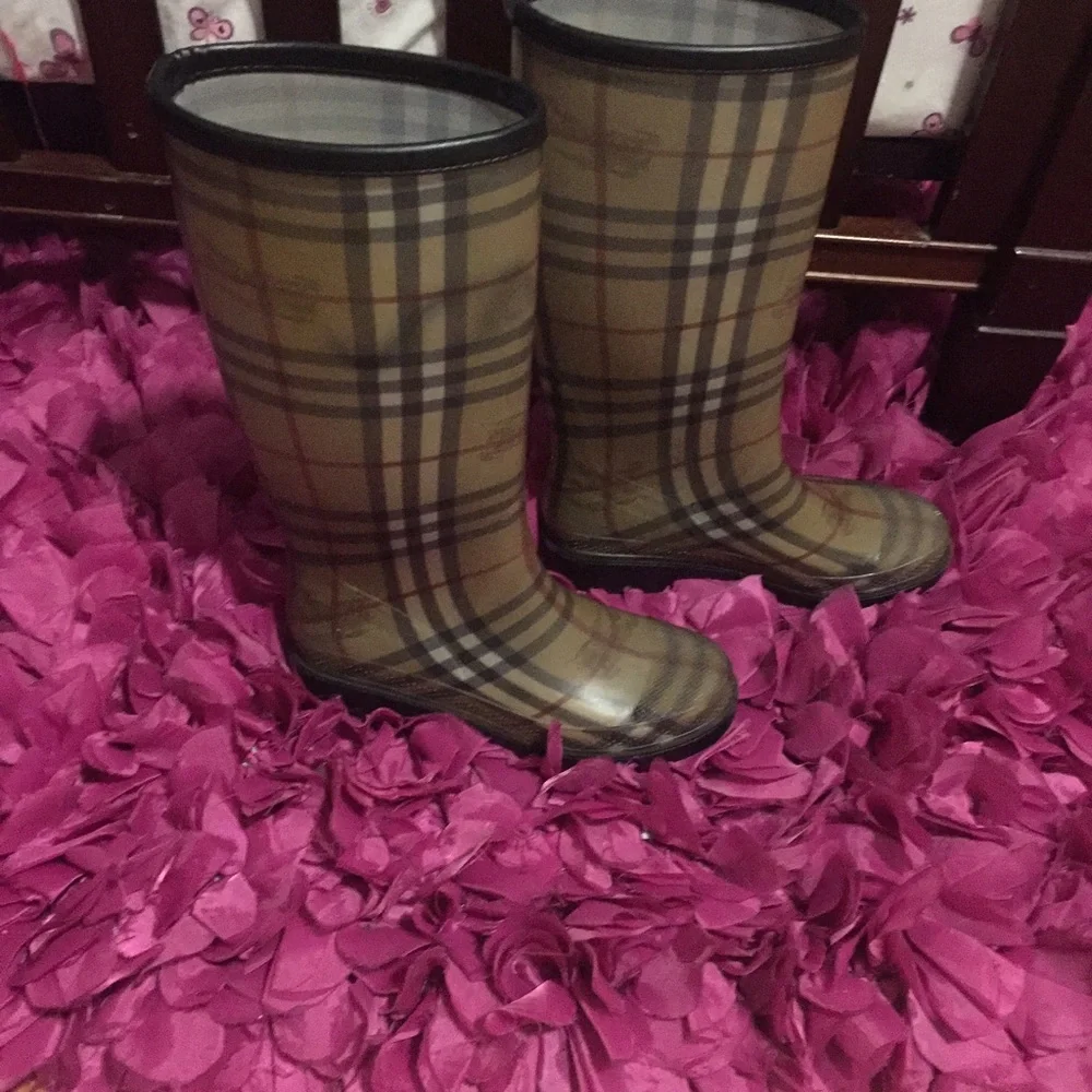 Burberry Tan Plaid Knee-High Rain Boots with Black Trim